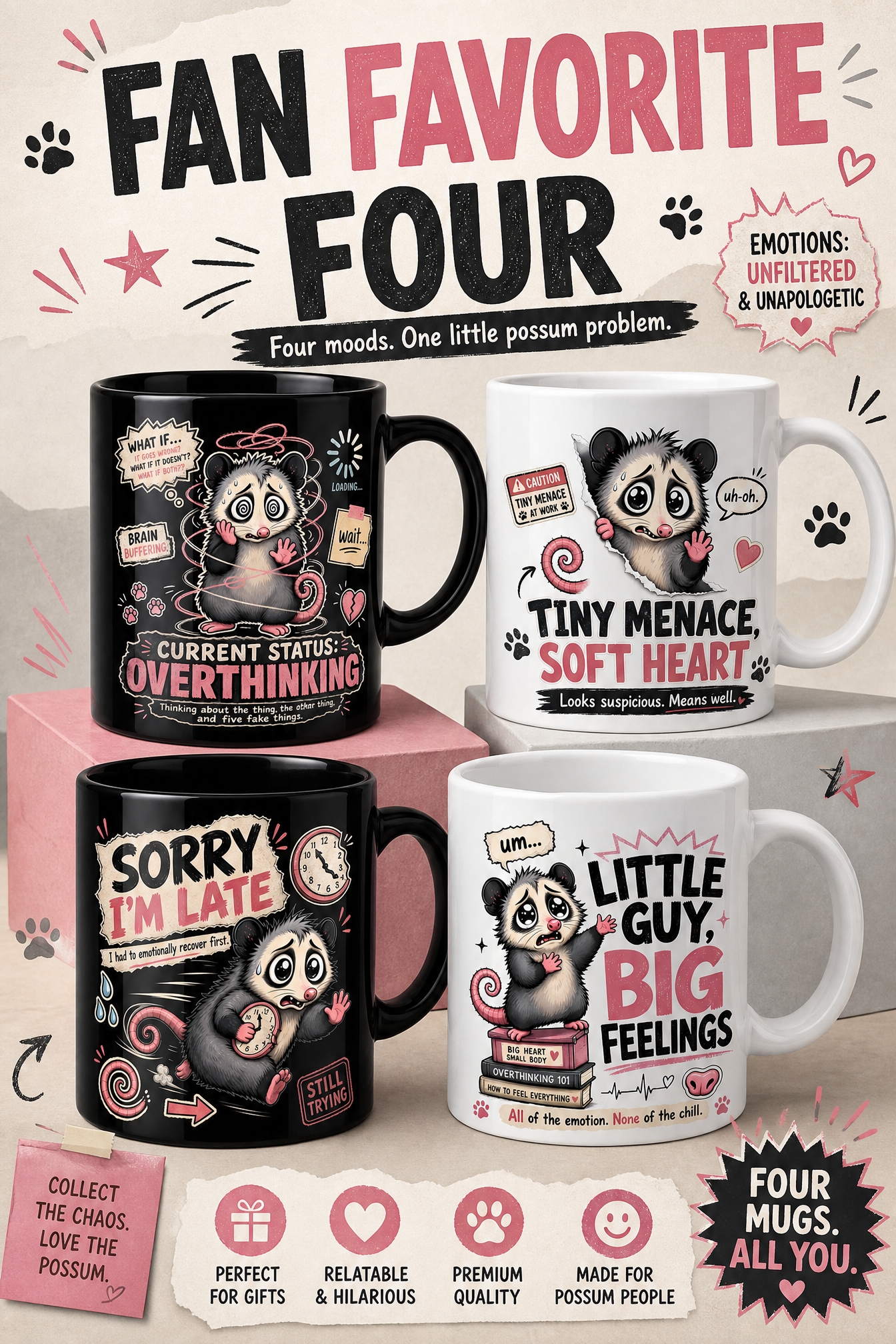 All ten Oopsie Possie meme mug designs