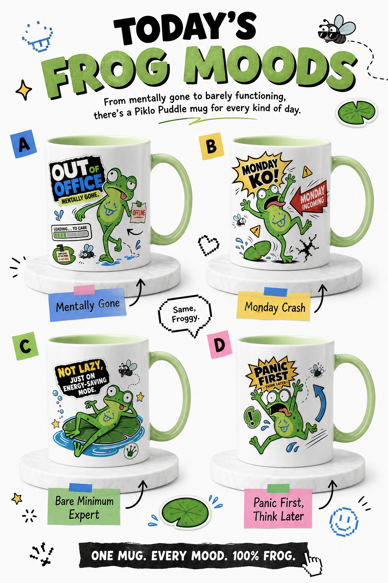 All ten Piklo Puddle 2 meme mug designs