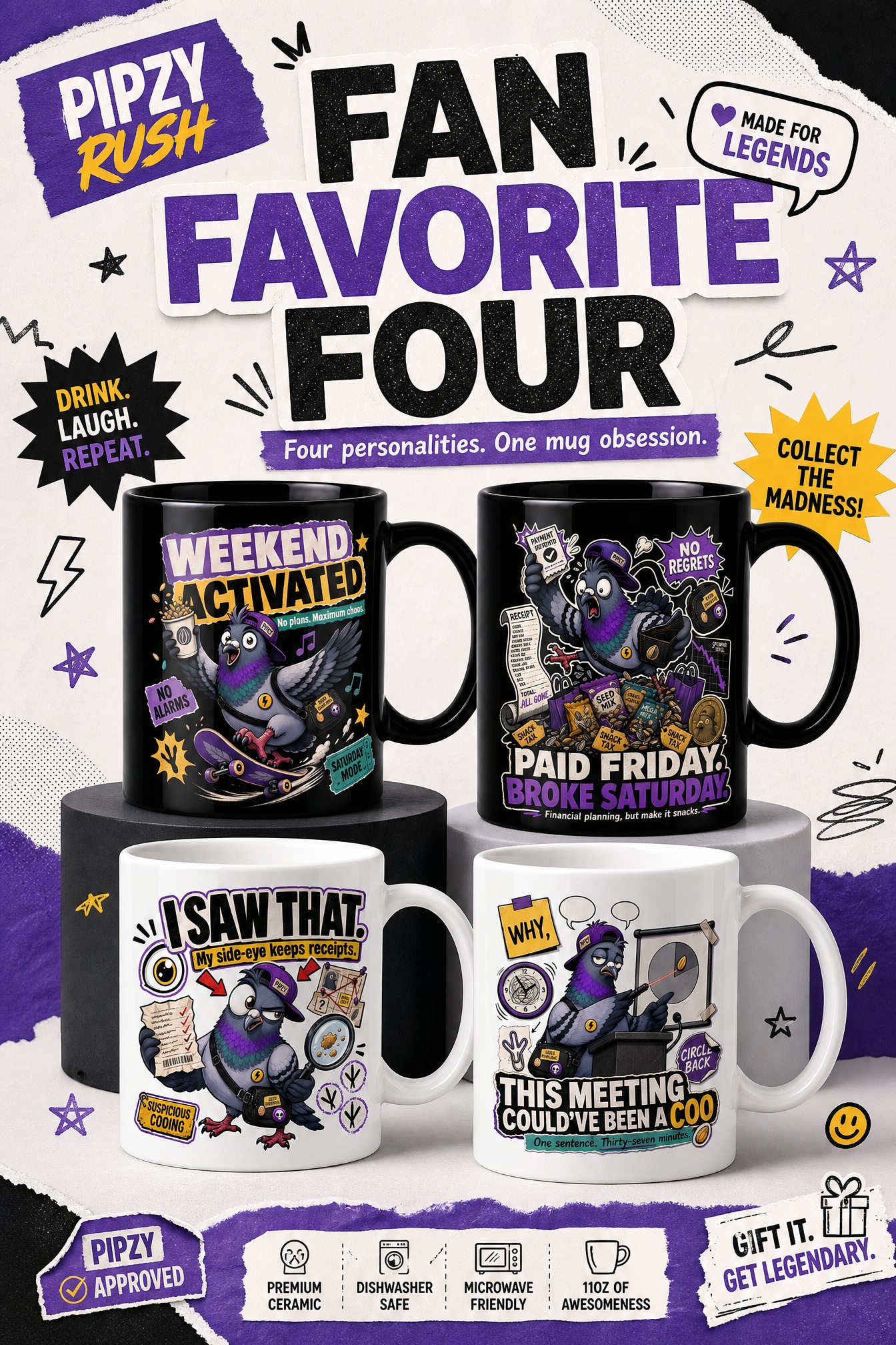 All ten Pipzy Rush pigeon mug designs