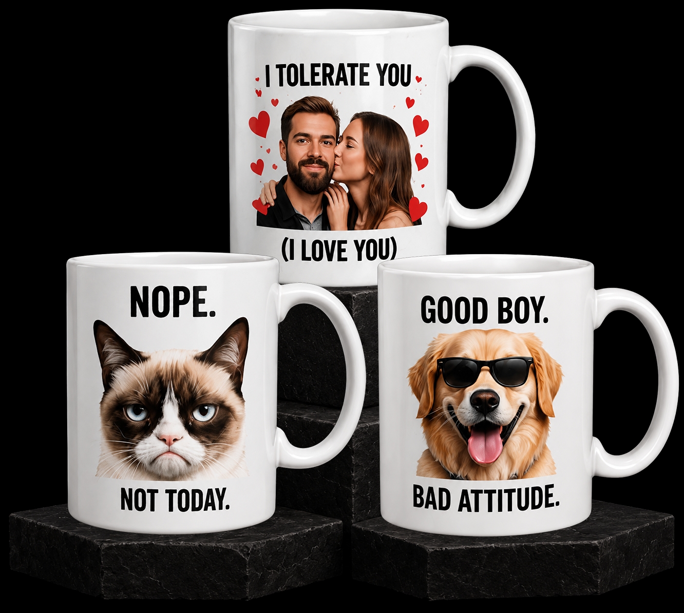 Meme mugs stacked on black display blocks